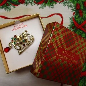 Macy's NOS Silver Rhinestone Holiday Sleigh Brooch